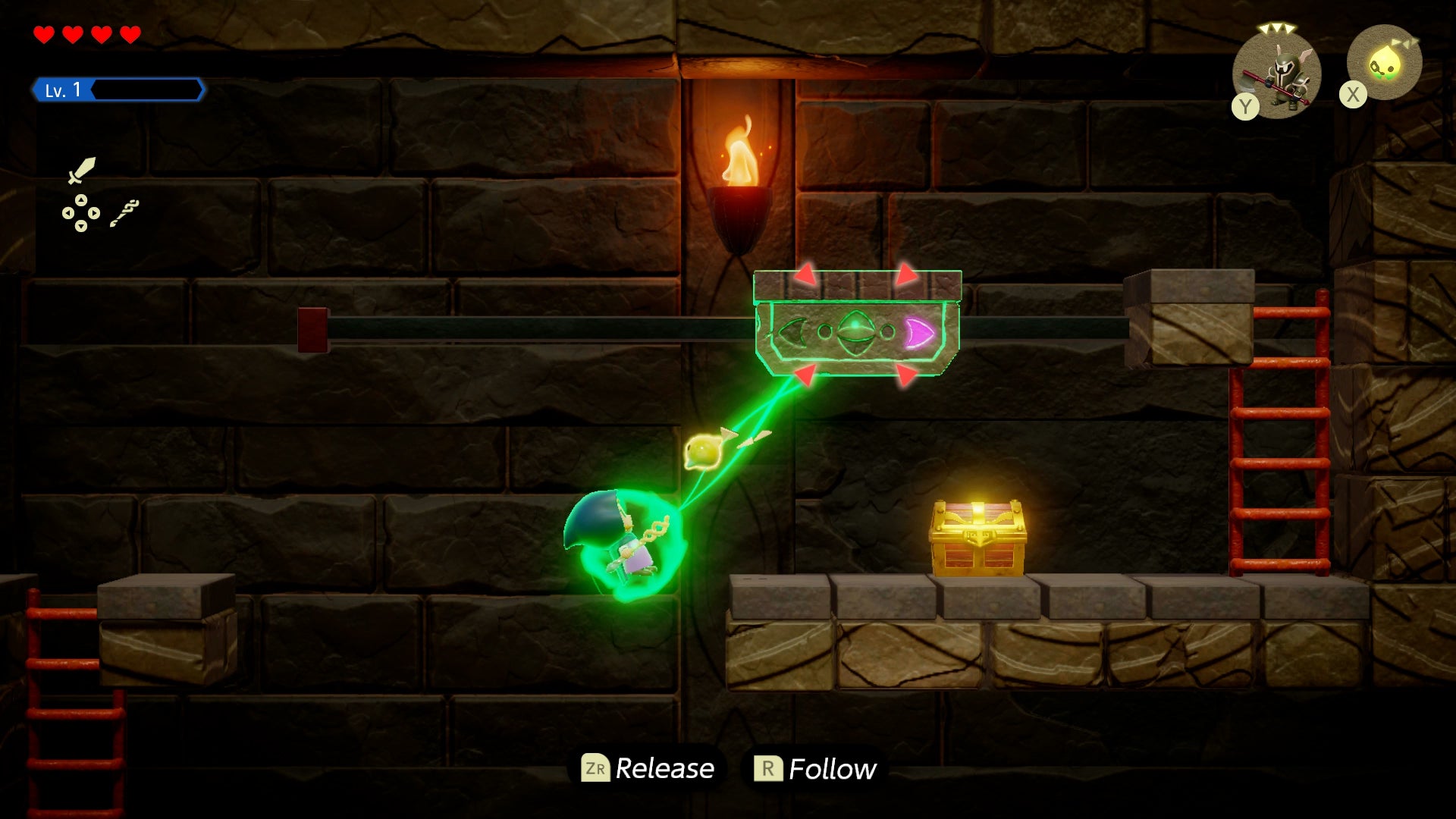 Princess Zelda riding a moving platform towards a treasure chest in Zelda: Echoes of Wisdom. - 27