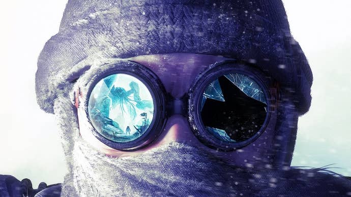 Edge of Nowhere promo art showing a character wrapped up against the cold with one of their glasses lens shattered