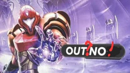 An edited image of the Metroid Prime 4 poster which once said "Out Now". A red question mark now sits after the Out, and a red exclamation mark has been at the end of Now so the poster now reads "Out? No!"
