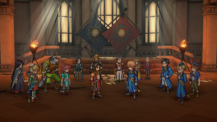 Nowa and Seign stare at each other in a grand hall in a screenshot from Eiyuden Chronicle: Hundred Heroes.