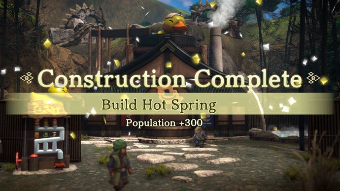 Eiyuden Chronicle: Hundred Heroes screenshot, showing a graphic that celebrates the construction of a hot spring.
