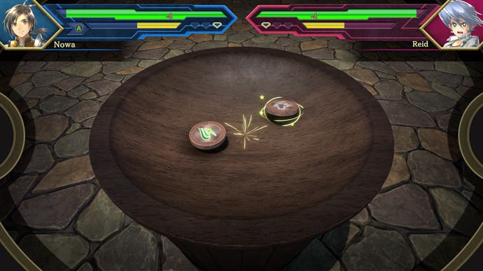 A screenshot from Eternal Chronicles: 100 Heroes, showing a Bakugan-style mini-game with wooden toys spinning on a table.