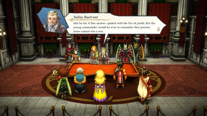 Eiyuden Chronicle: Hundred Heroes screenshot, showing character talk around a war table.