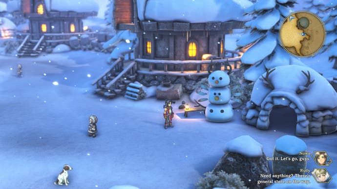 Nowa stands around a snowy village in a screenshot from Eiyuden Chronicle: Hundred Heroes.