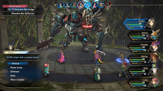 Eiyuden Chronicle: Hundred Heroes screenshot, showing a boss battle against a giant mechanized foe.