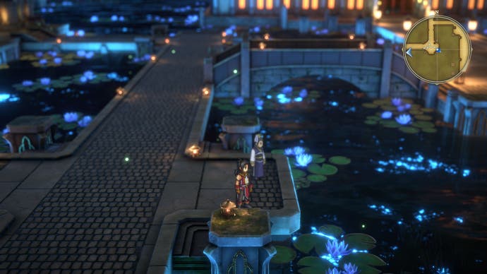 In a screenshot from Eiyuden Chronicles: One Hundred Heroes, Nova looks at lily pads and glowing water.