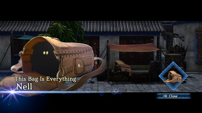 Eiyuden Chronicle: Hundred Heroes screenshot, showing a character introduction graphic for Nell with the caption: "This bag is everything"