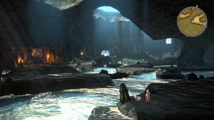 Eiyuden Chronicle: Hundred Heroes screenshot, showing the shadowy inside of a seaside cave.