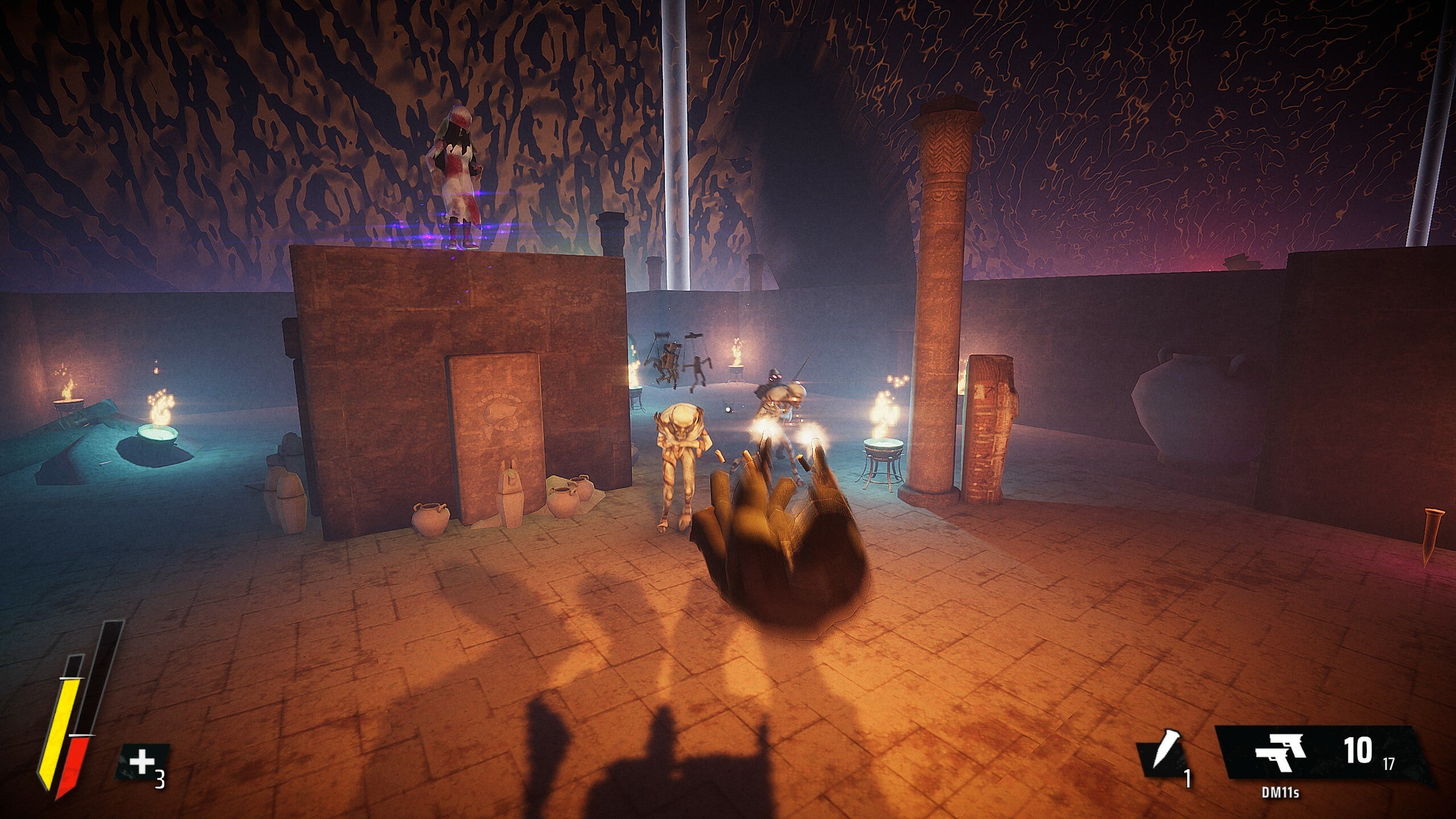 A hero dives backwards while firing at monsters in El Paso, Elsewhere. The surroundings are weird and the ceiling is exposed to a warping sky.