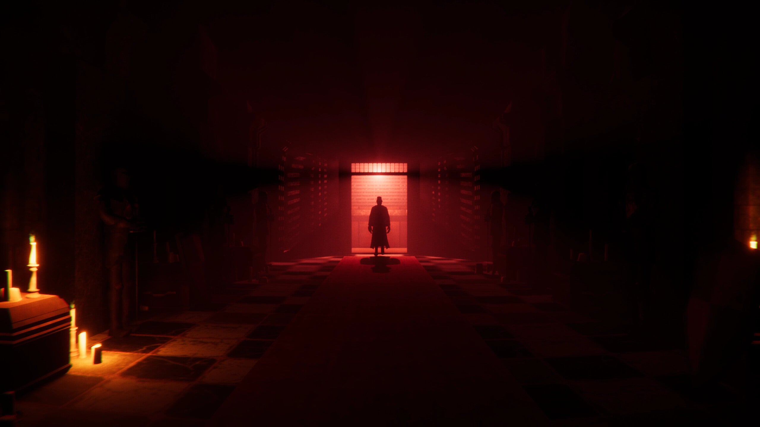 The hero stands backlit in an elevator in El Paso, Elsewhere. All around is dark