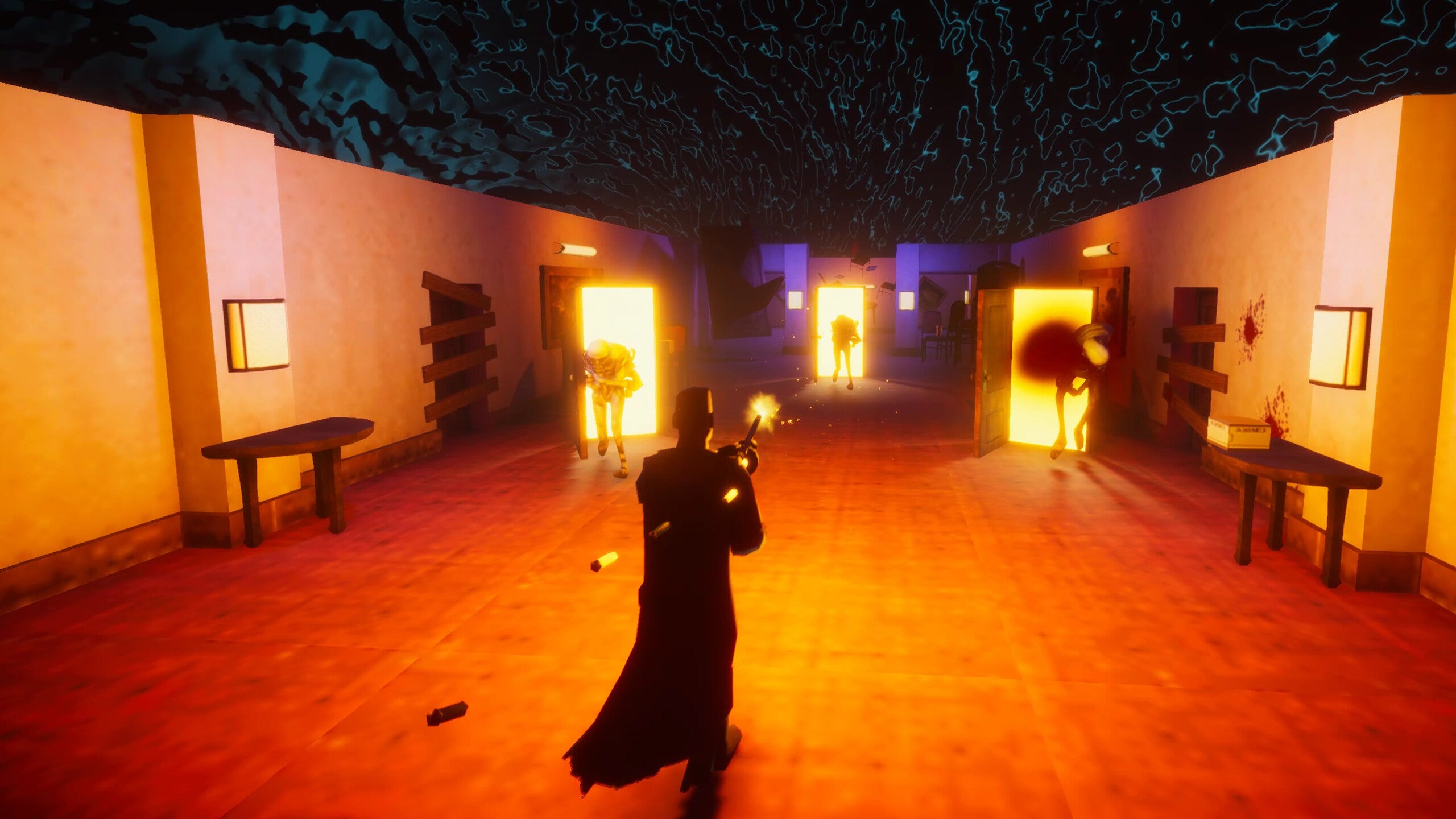 Monsters pop up in a hallway in glowing doorways in El Paso, Elswhere, while the hero attacks