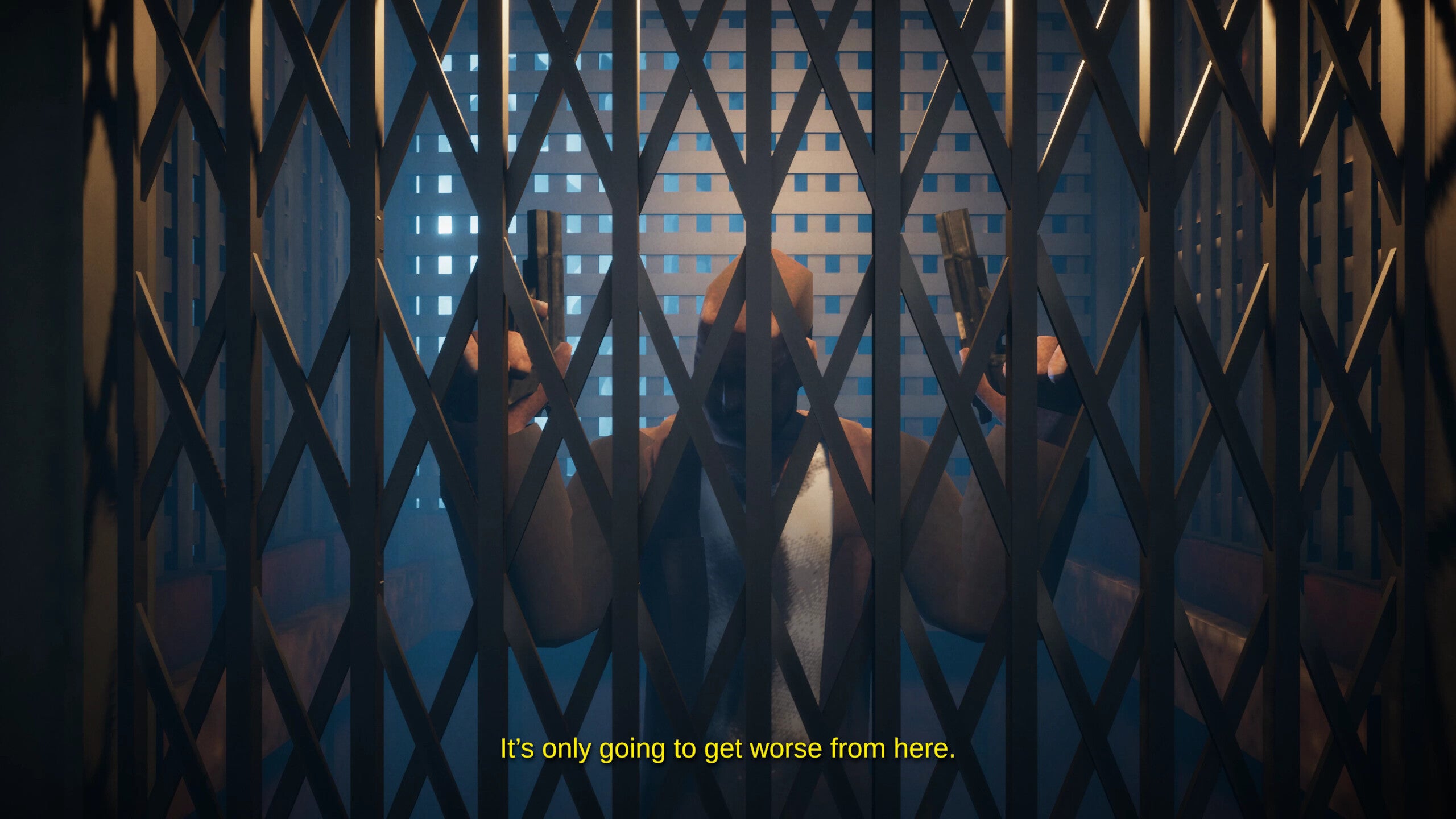 The hero waits behind the grill of his cage elevator in El Paso, Elsewhere