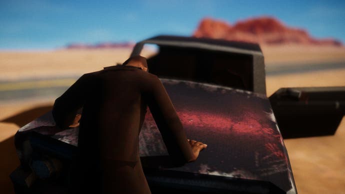 The hero rests on the hood of an old car in the desert in El Paso, Elsewhere