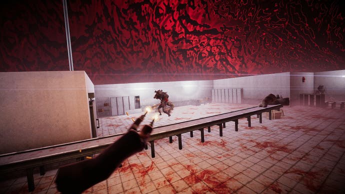 El Paso Elsewhere - dive-rolling to the side while shooting dual pistols at a monster in a white-tiled, blood-stained room