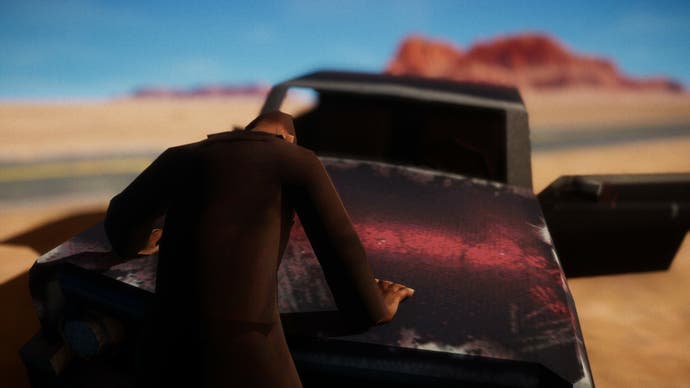 El Paso Elsewhere - the main character bent over his char bonnet in distress during a cutscene in the desert