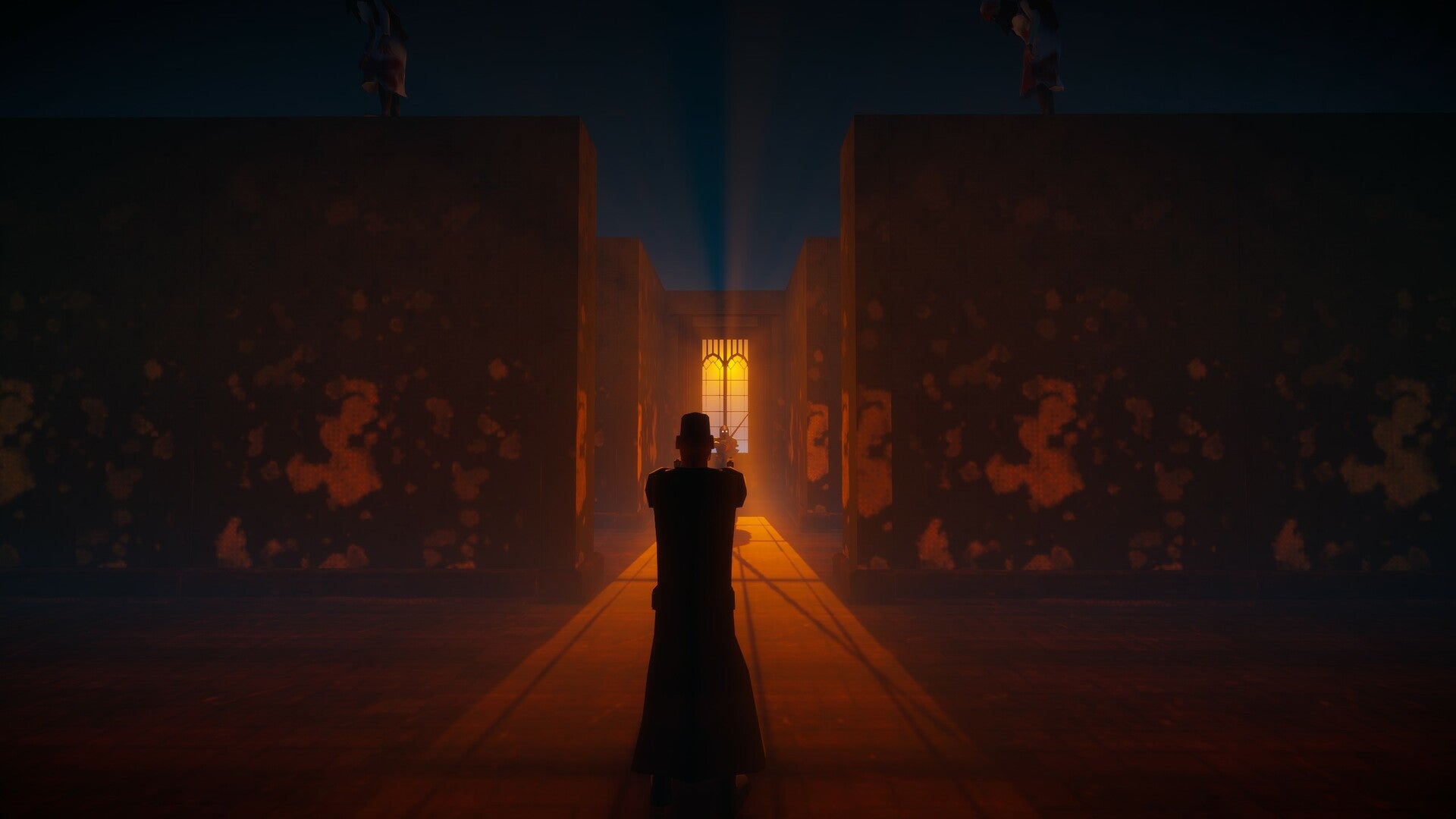 El Paso Elsewhere - advancing down a corridor, pistols raised, in a dark orange-hued light