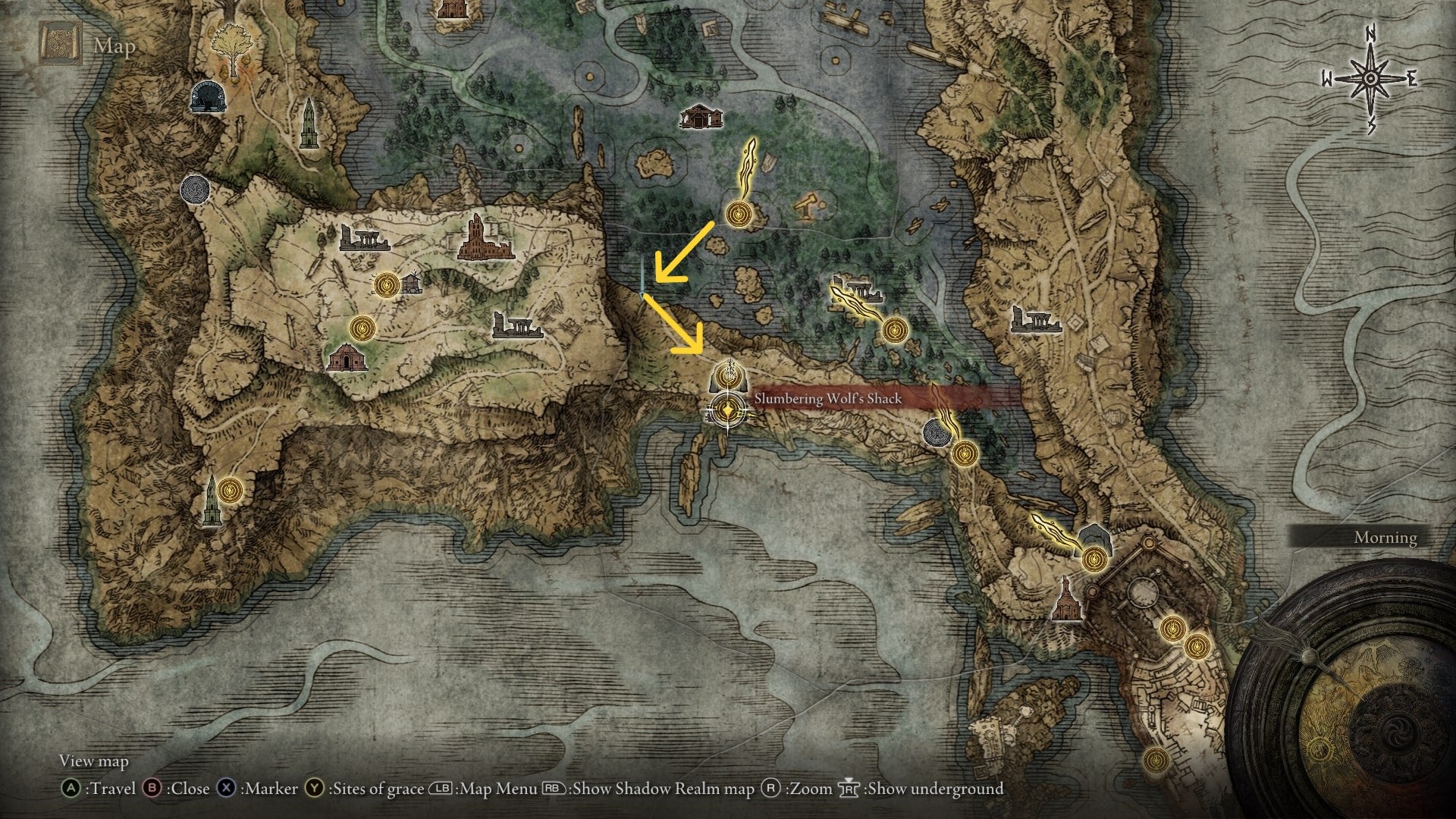 The location of Latenna the Albinauric at Slumbering Wolf's Shack is labelled on The Lands Between map in Elden Ring - 7