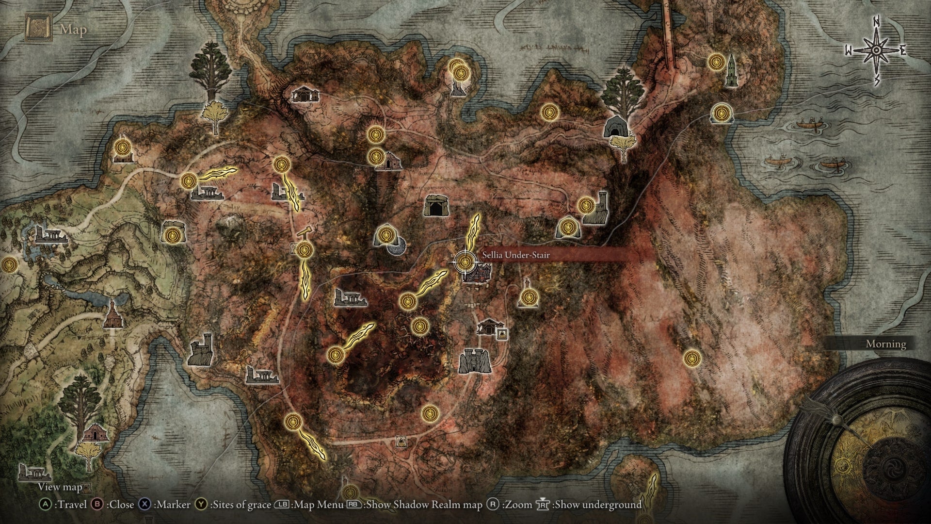 Sellia Town of Sorcery - and the Sellia Under-Stair Site of Grace - are shown on the map in Elden Ring - 11