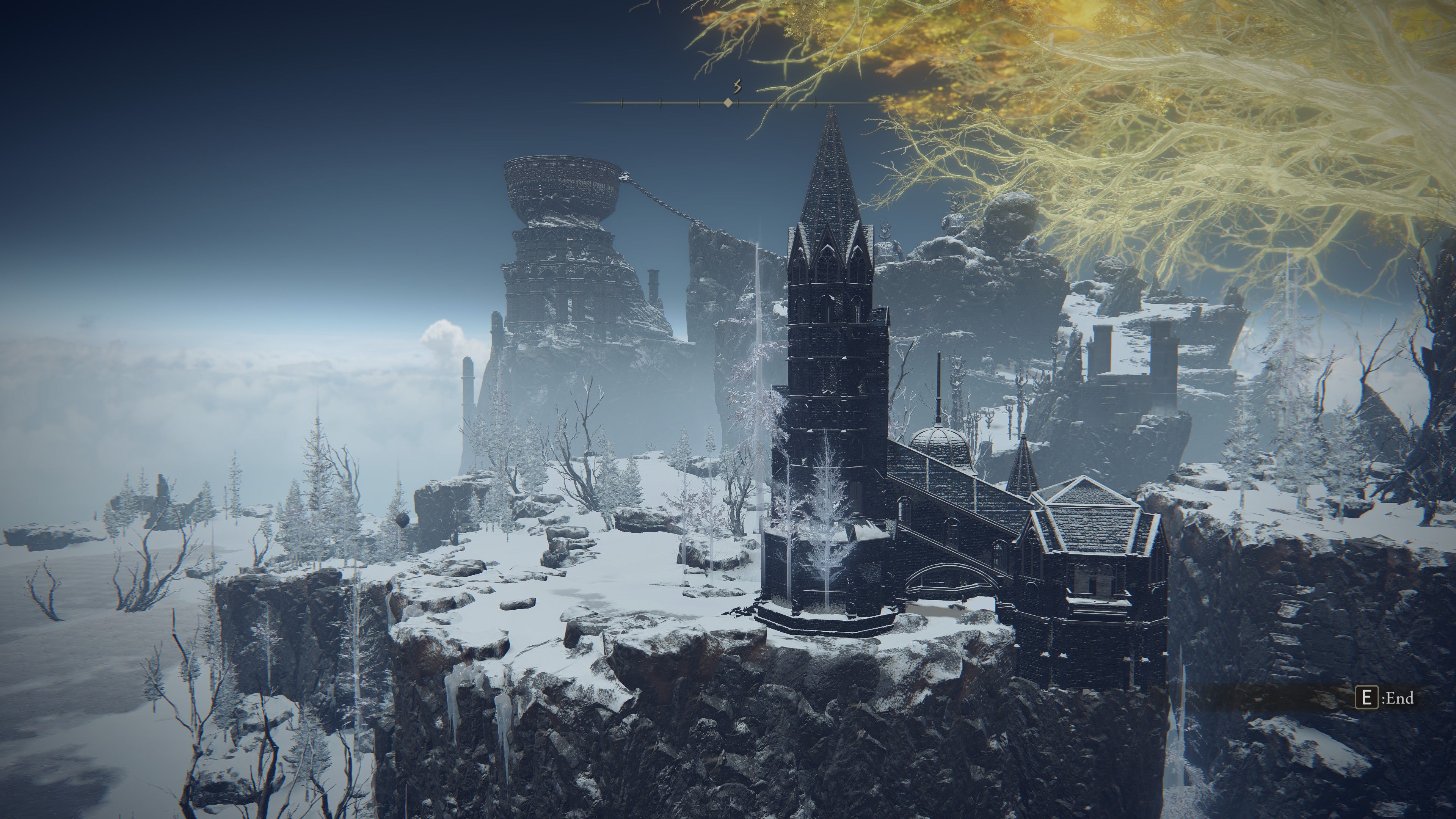 An establishing shot of the Mountaintops Of The Giants in Elden Ring.