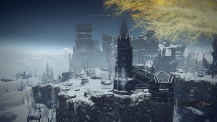 An establishing shot of the Mountaintops Of The Giants in Elden Ring.