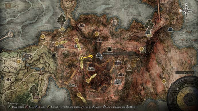 The location of Caelid's Abandoned Cave is marked on the Elden Ring map