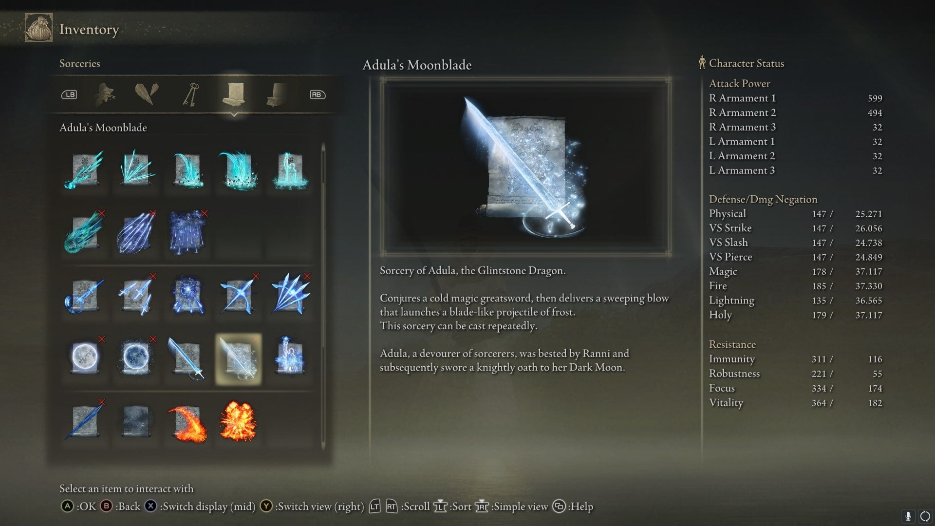 Adula&rsquo;s Moonblade is shown in the player inventory in Elden Ring