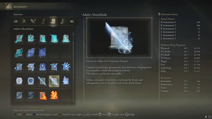 Adula’s Moonblade is shown in the player inventory in Elden Ring