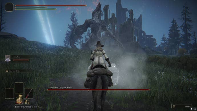 The player approaches Glintstone Dragon Adula at Cathedral of Manus Celes in Elden Ring