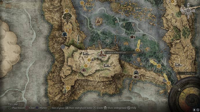 The location of Glintstone Dragon Adula at the Cathedral of Manus Celes is marked on the Elden Ring map