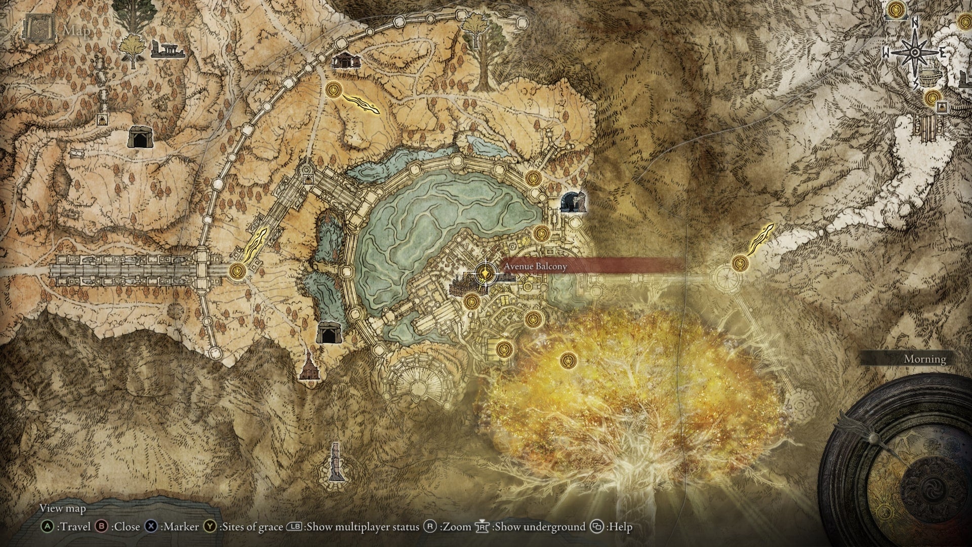 The location of the Avenue Balcony Site of Grace in Leyndell is marked on the Elden Ring map