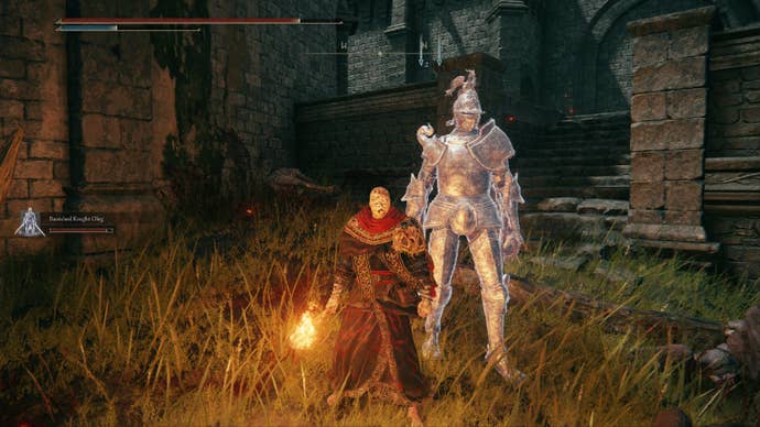 Elden Ring player holding a torch to illuminate a spectral ally known as Banished Knight Oleg