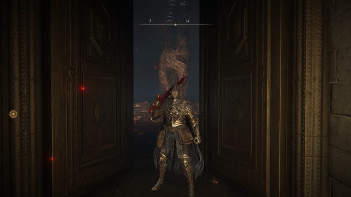 The player wields the Blasphemous Blade while standing in Roundtable Hold in Elden Ring