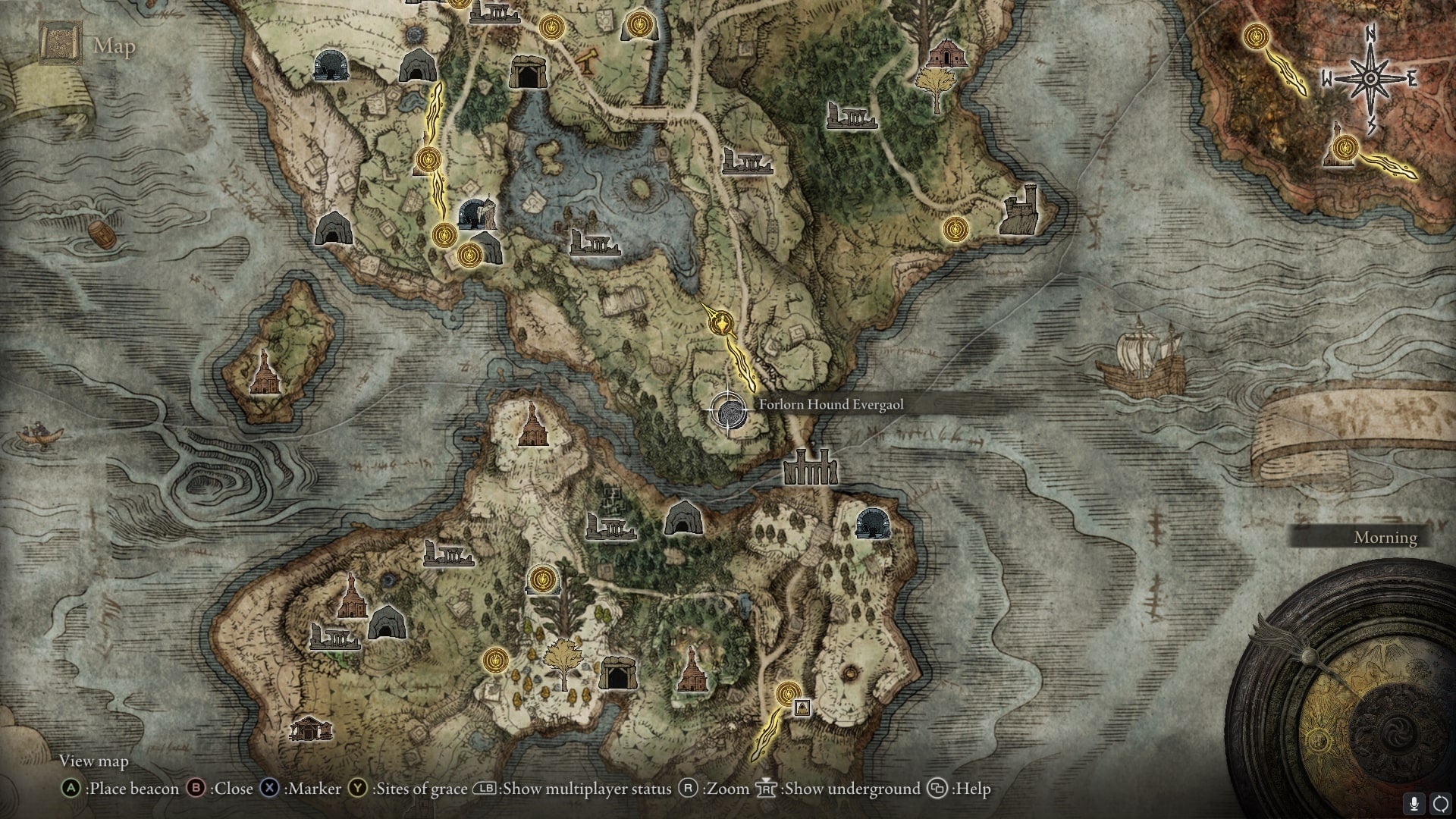 The location of the Forlorn Hound Evergaol in Limgrave, where players can get the Bloodhound&rsquo;s Fang weapon, is marked on the Elden Ring map