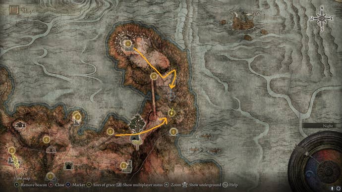 The location of the Bloodhound’s Step Ash of War in Caelid is drawn on the Elden Ring map