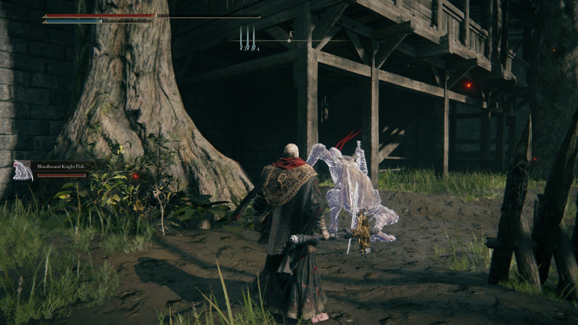 Elden Ring player standing with Bloodhound Knight Floh as they dash across an encampment - 6