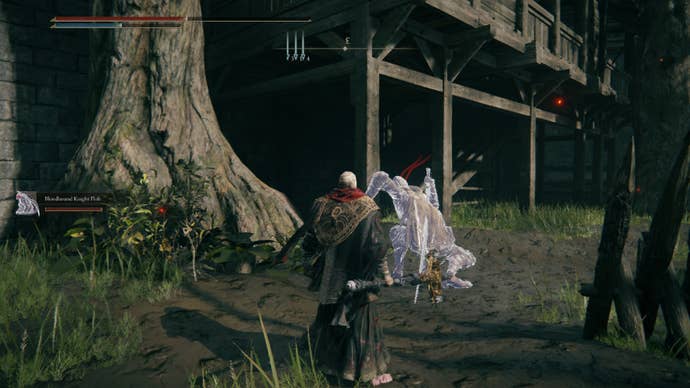 Elden Ring player standing with Bloodhound Knight Floh as they dash across an encampment