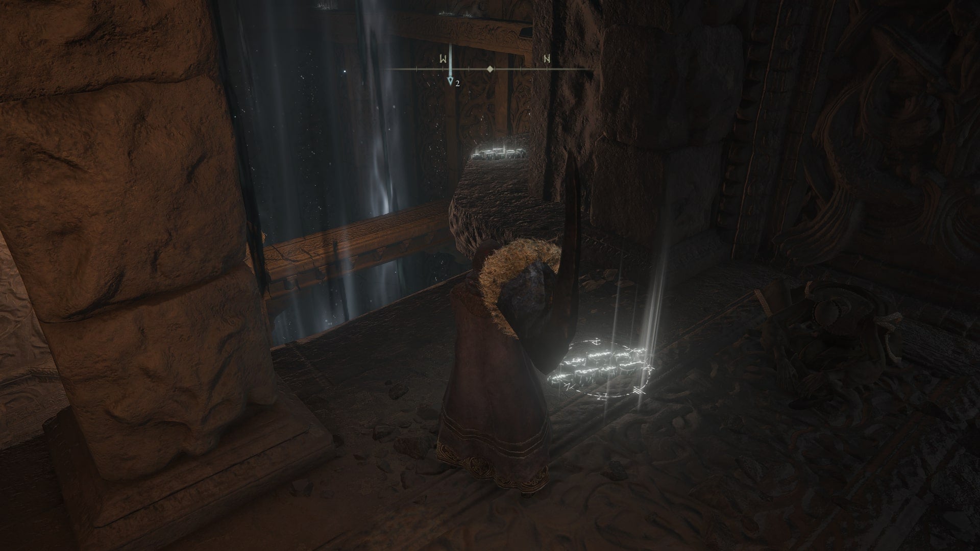 The player faces some ledges on the interior of the Divine Tower of Caelid that can be used to reach the Godskin Apostle boss arena in Elden Ring - 5