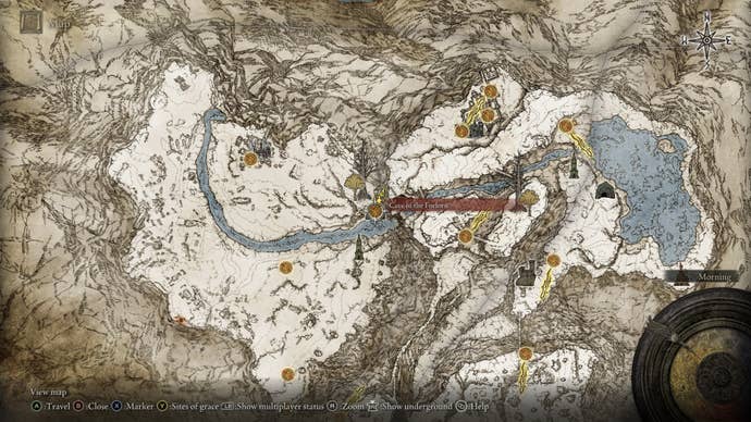 The location of the Cave of the Forlorn is marked on the map in Elden Ring