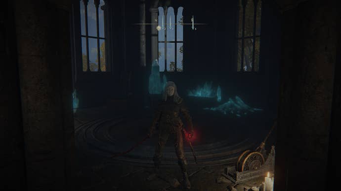 The player stands atop Chelona’s Rise by the elevator in Elden Ring