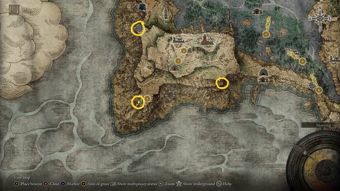 The locations of three wise beasts - turtles - around Chelona’s Rise are marked on the Elden Ring map