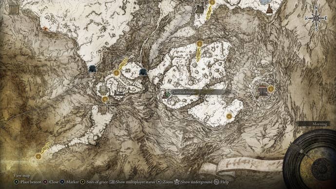 The location of the Church of Repose in the Mountaintops of Giants is shown on Elden Ring's map
