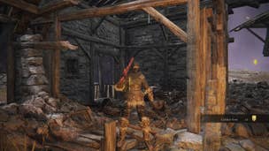 The player stands inside the Corpse-Stench Shack of Mt. Gelmir, where Golden Vow can be found, in Elden Ring