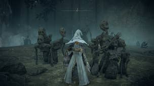 The player wears the Snow Witch Set while wielding the Dark Moon Greatsword in Ainsel River of Elden Ring