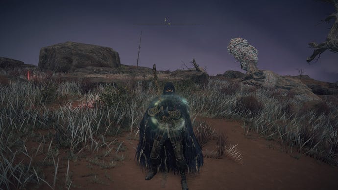 The player stands in south Caelid wielding the Death's Poker weapon in Elden Ring