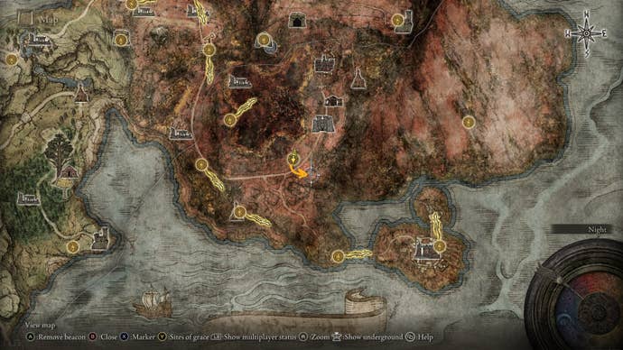 The location of the Death's Poker weapon is marked on the Elden Ring map