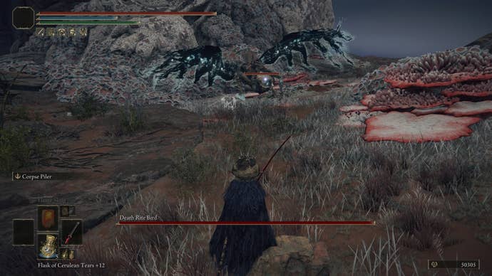 The player approaches a Death Rite Bird enemy in Caelid in Elden Ring