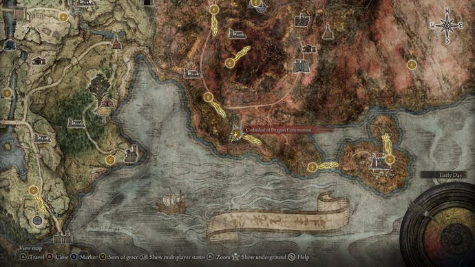 The location of the Cathedral of Dragon Communion is marked on the Elden Ring map