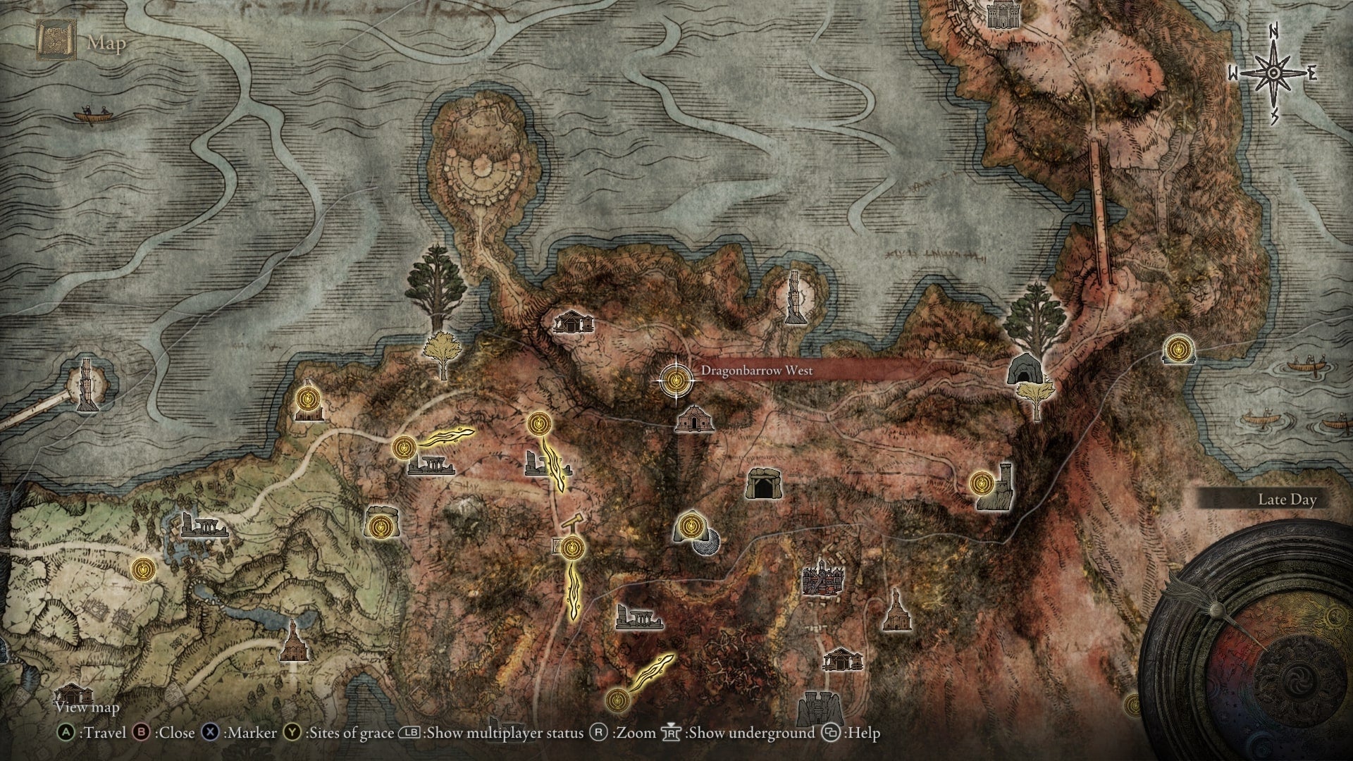 The Dragonbarrow West Site of Grace is marked on the Elden Ring map - 3