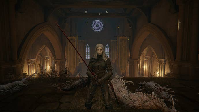The player stands in front of the chest containing the Dragoncrest Greatshield with some slain Pests behind them in Elden Ring