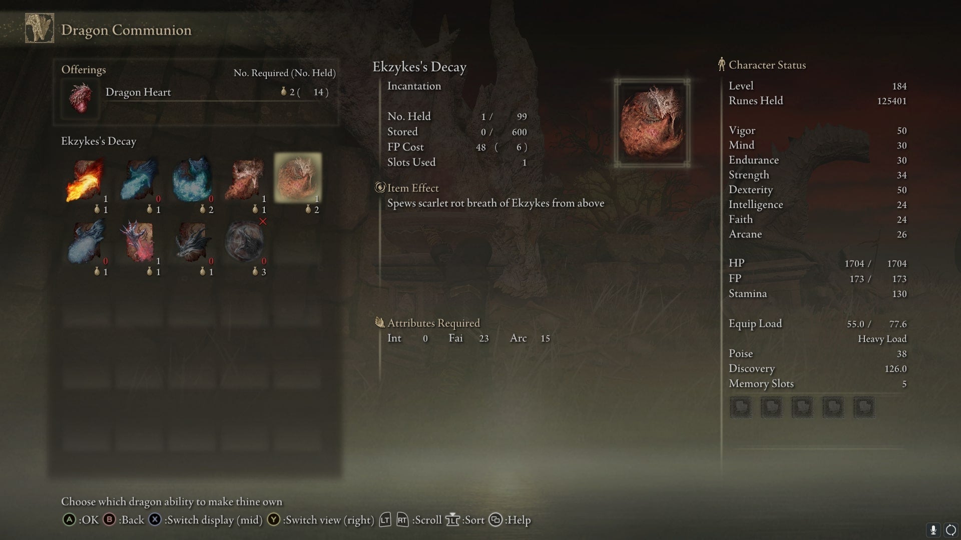 The Incantations available at the Cathedral of Dragon Communion, including Ekzyke&rsquo;s Decay, are shown